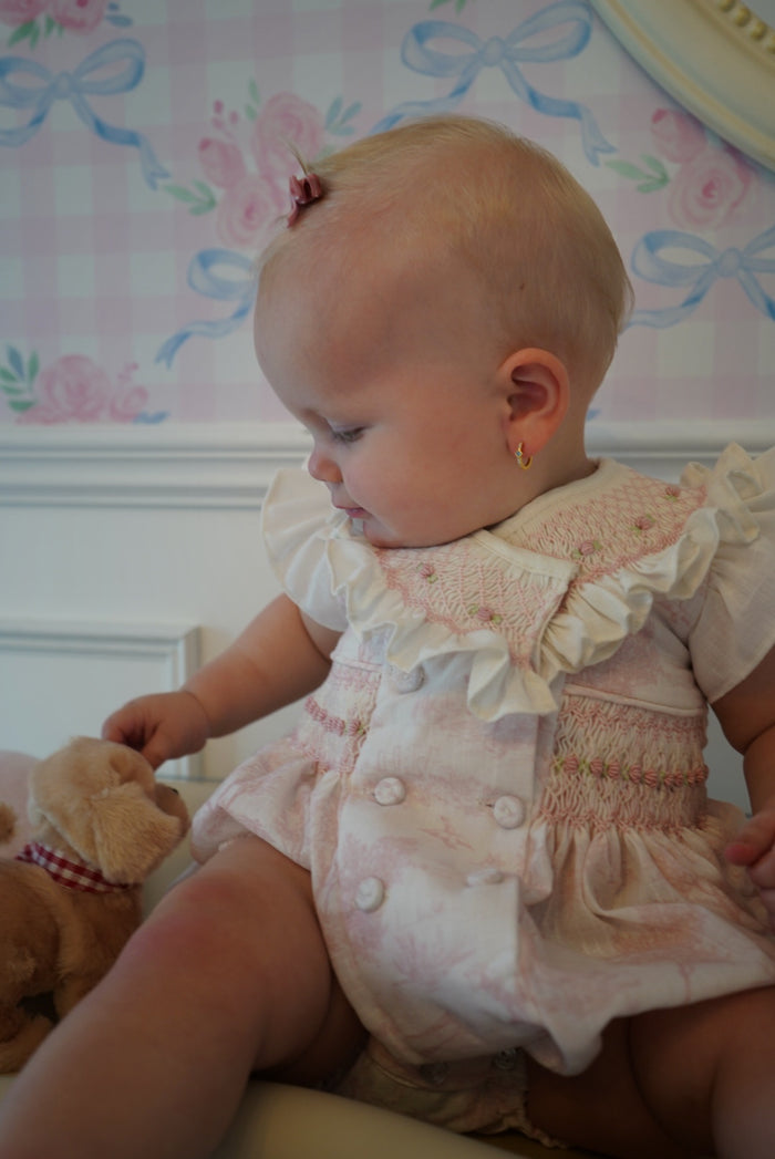 Arabella Toile de Jouy Light Pink Handsmocked Romper