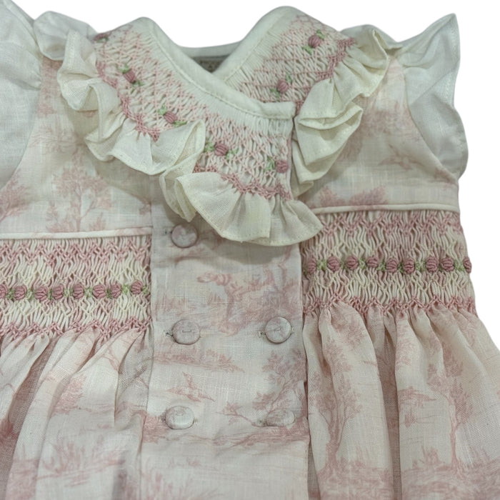 Arabella Toile de Jouy Light Pink Handsmocked Romper
