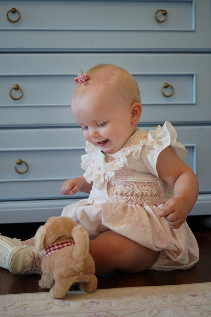 Arabella Toile de Jouy Light Pink Handsmocked Romper