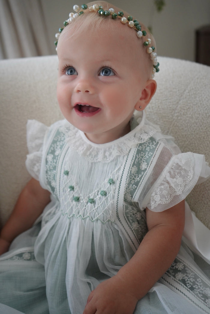 Aurora Green and Ivory Pearls Wreath Satin Wrap