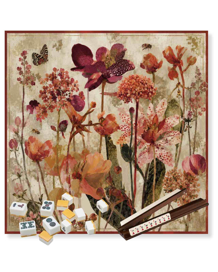 Autumn floral printed table game mat, 33 x 33 in, bordered frame, for mahjong.