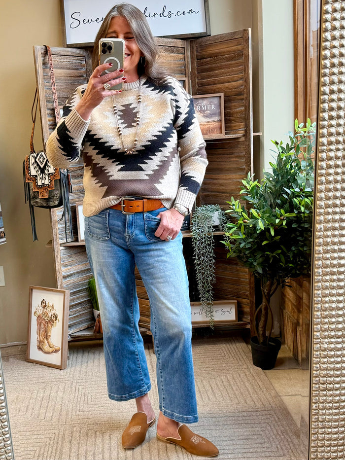 Crew neck sweater with long sleeves, black and cream Aztec geometric pattern