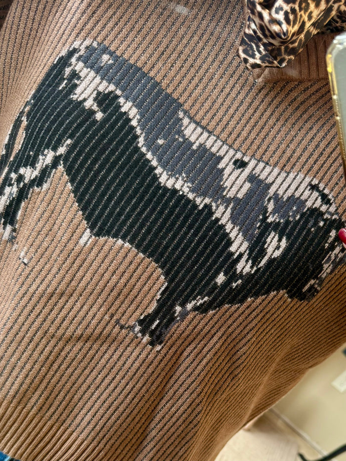 Dark Angus cow graphic on ribbed knit V-neck sweater