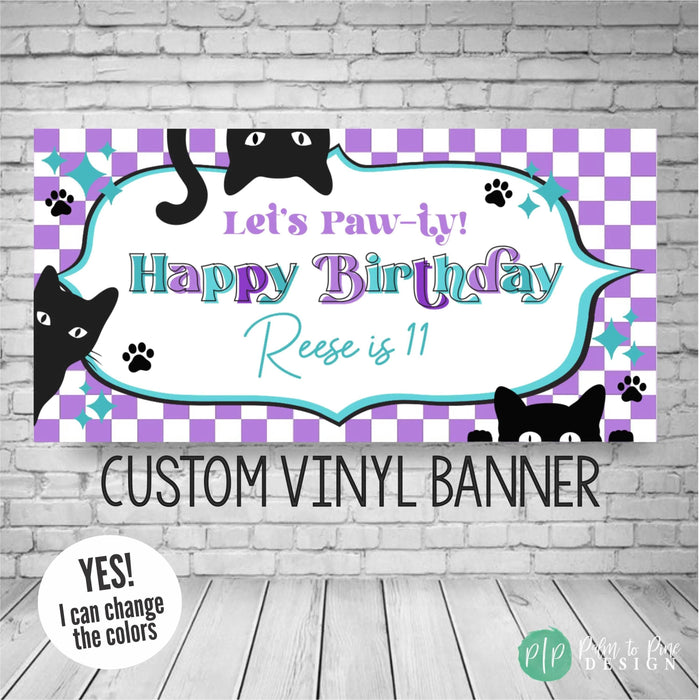 cat birthday banner with checkered background and black cats