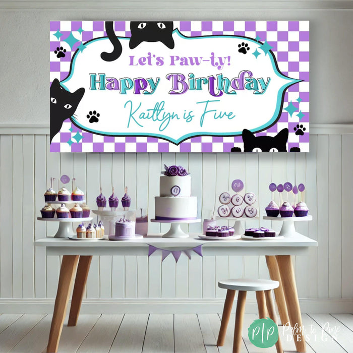 cat girls birthday banner with gingham purple and white background with teal and black cat clipart