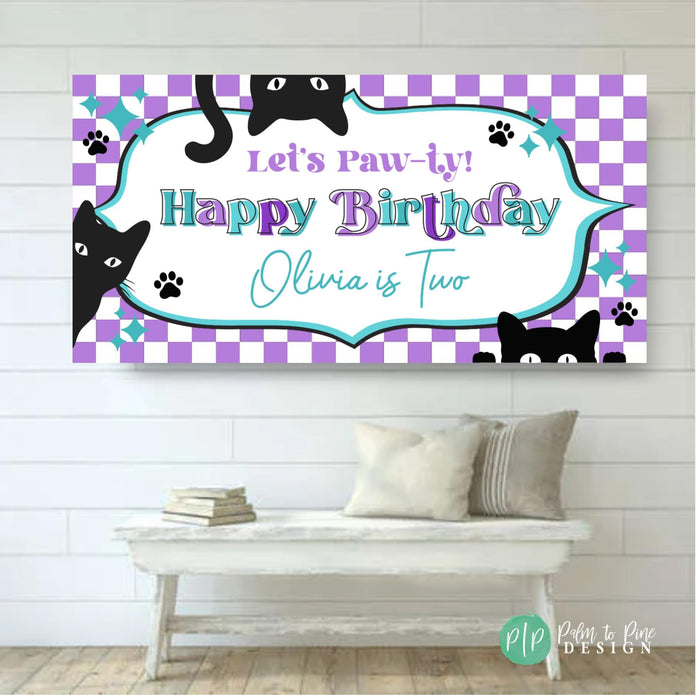 Personalized 'Let's Paw-ty!' birthday banner featuring purple checkerboard background and teal stars with playful black cats peeking from corners, paw print graphics