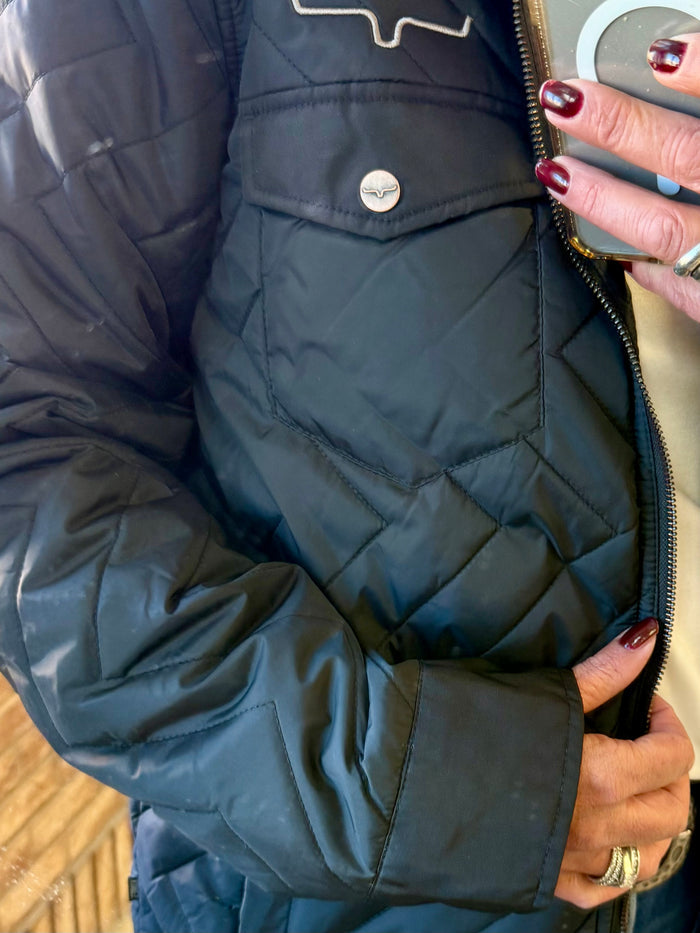 Quilted navy coat interior and chest pocket, close-up of zipper and buttons