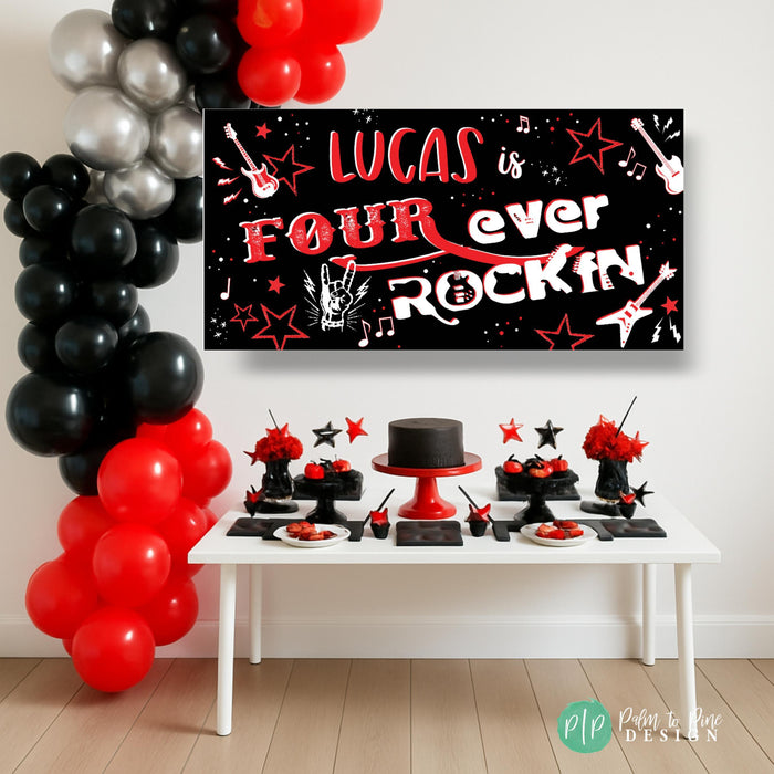 Fourth Birthday Rockstar Themed Banner at black and red rock on birthday