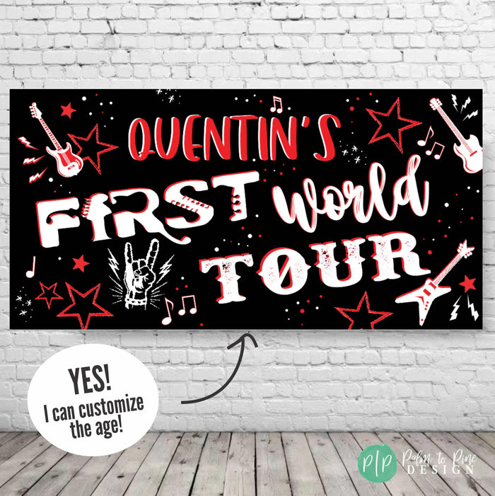 Personalized 'Born 2 Rock' first world tour birthday banner with edgy rock-and-roll design, perfect for a music lover's party