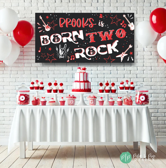 Born 2 Rock birthday banner featuring bold rock-and-roll lettering with musical notes and stars, perfect for a music-themed birthday celebration in a red and black color scheme.