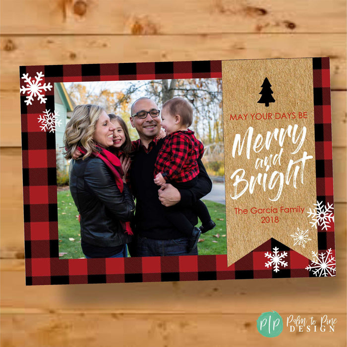 Buffalo plaid and snowflake family photo Christmas card