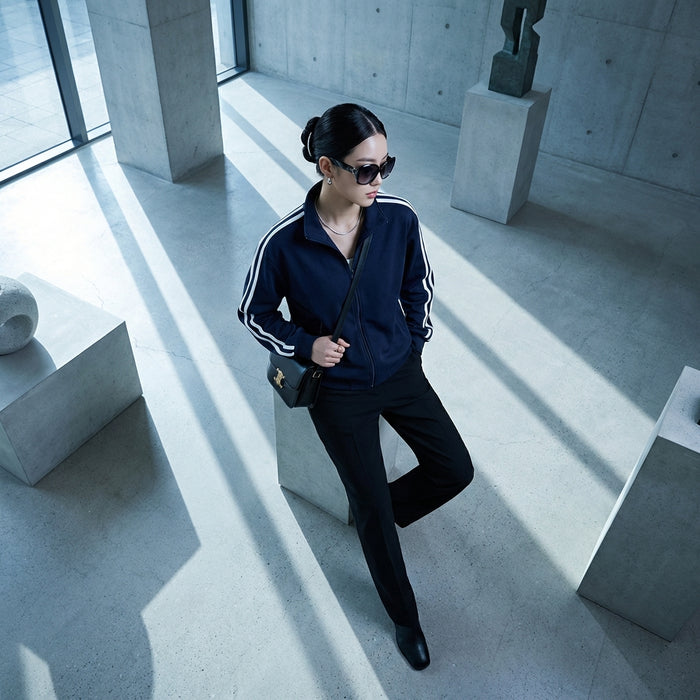 Blazer décontracté bleu marine à col montant pour femme - Koreanxwear