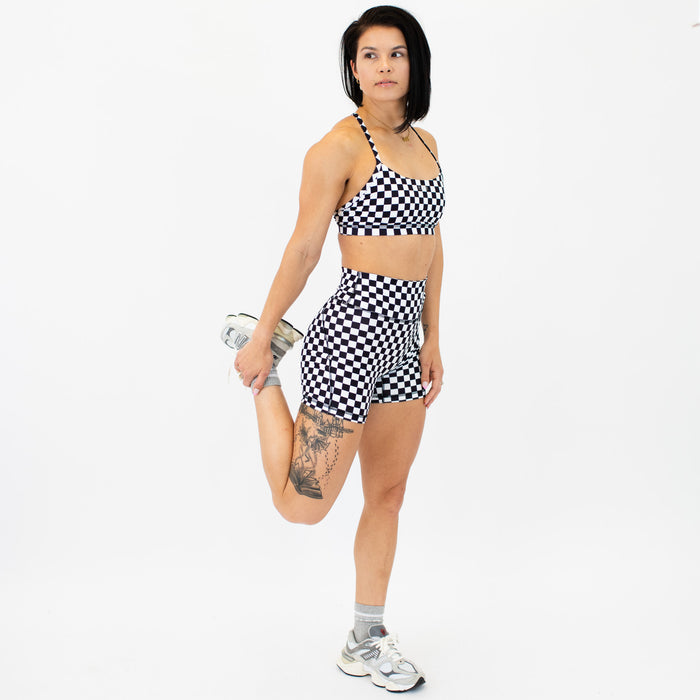Black White Check No Front Seam High Rise Spandex Shorts