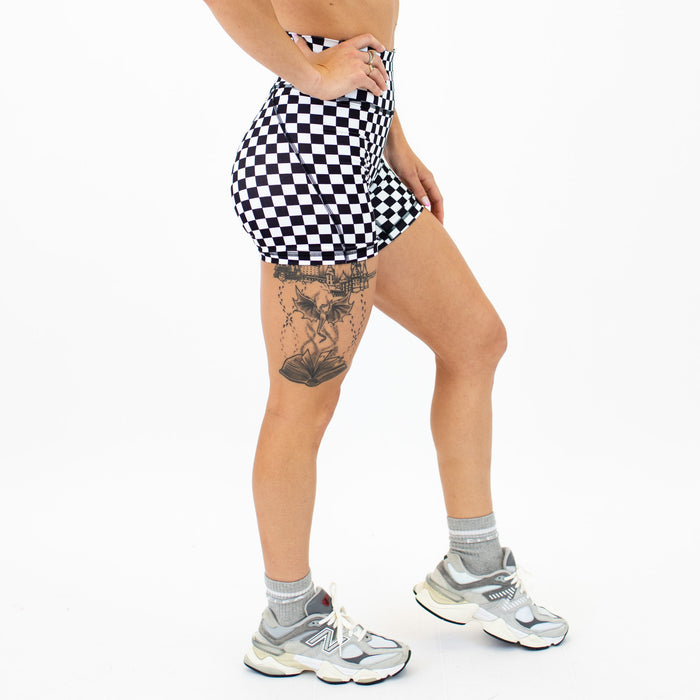 Black White Check No Front Seam High Rise Spandex Shorts