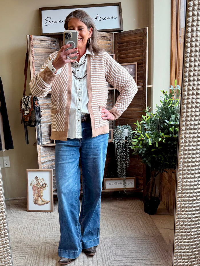 Tan-and-cream checkered cardigan with horizontal stripes, open-front long sleeves.