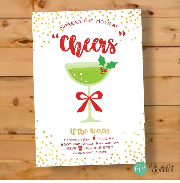 Red and green Christmas cocktail party invitation with faux gold foil dots, personalized with name and details