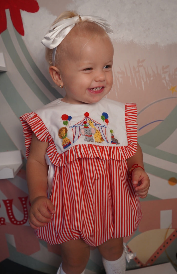 Circus Animals French Knot Red Girl Romper
