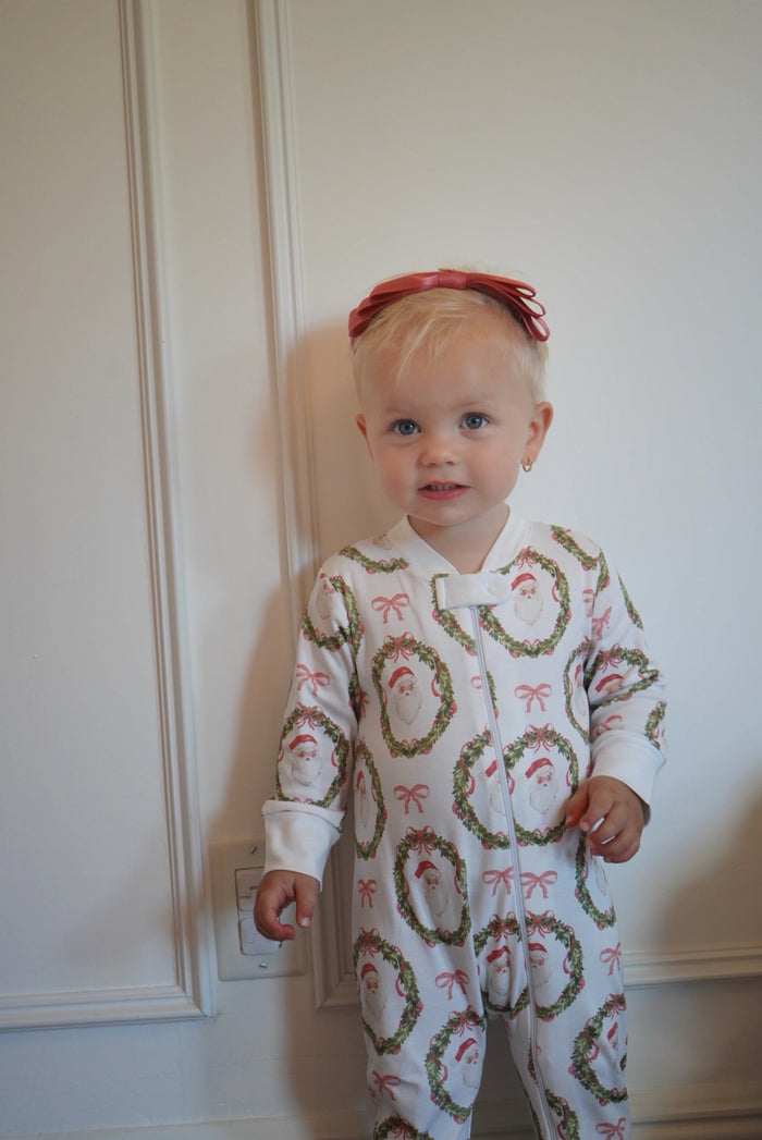 Classic Santa Bow Baby Girl Pajamas Footie Babygrow