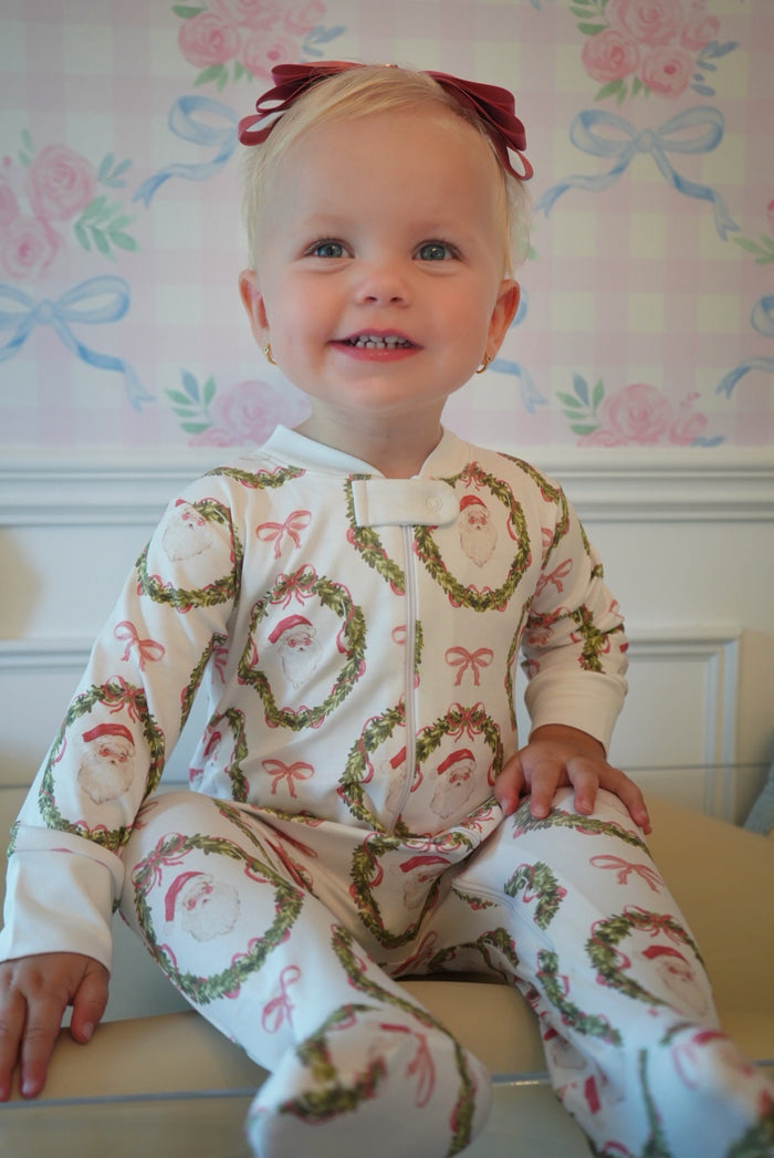 Classic Santa Bow Baby Girl Pajamas Footie Babygrow
