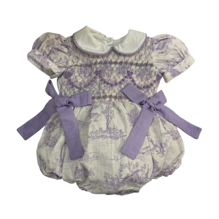 Claudia Bows Toile de Jouy Lilac Handsmocked Romper
