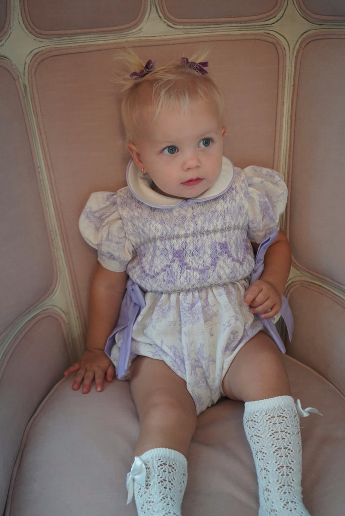 Claudia Bows Toile de Jouy Lilac Handsmocked Romper