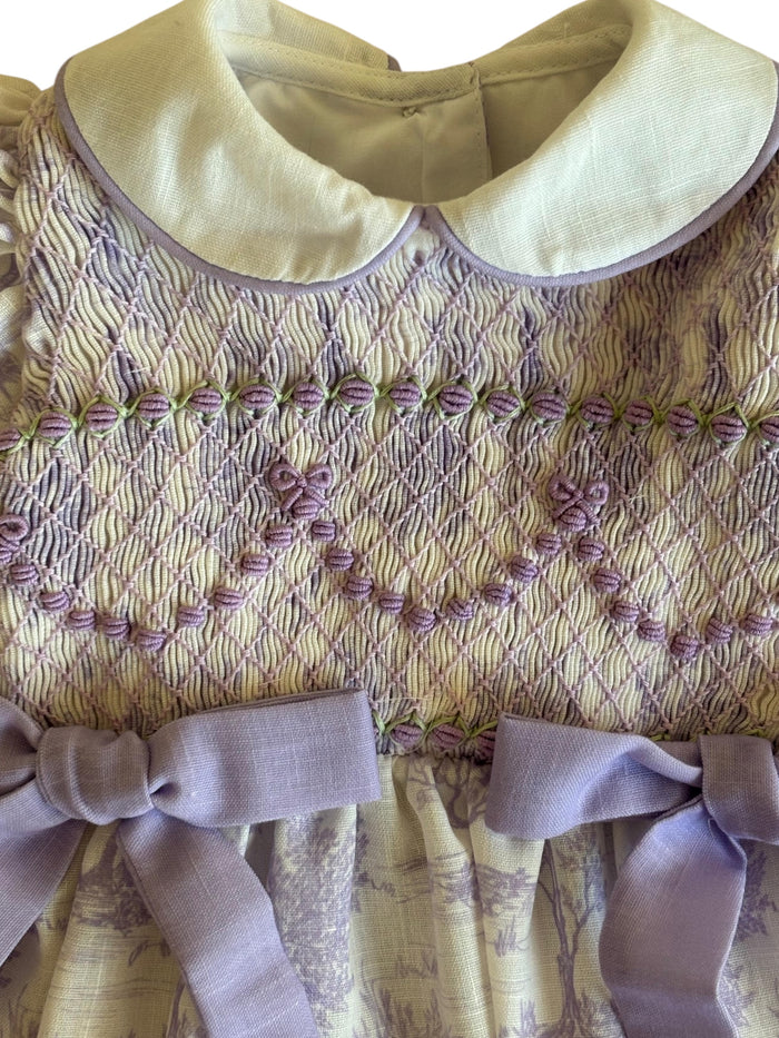 Claudia Bows Toile de Jouy Lilac Handsmocked Romper