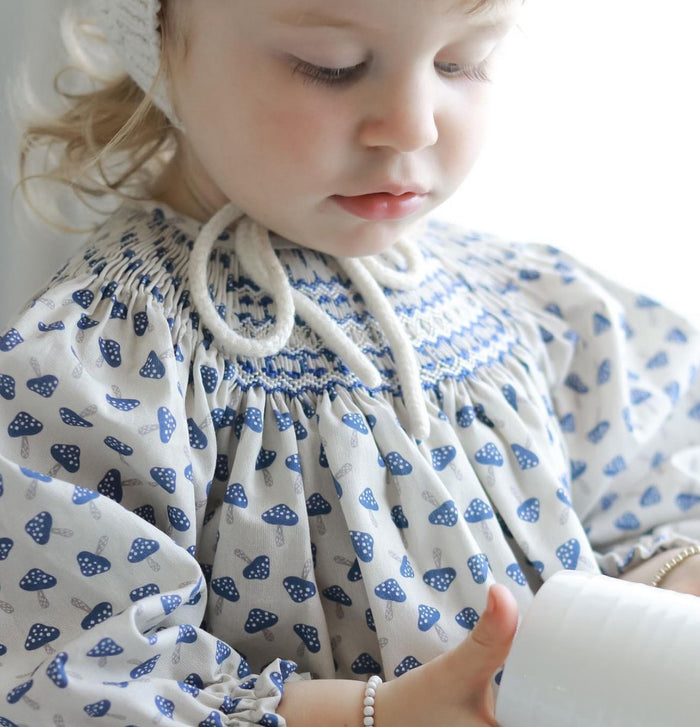 Claudia Handsmocked Mushrooms Blue 2-Piece Set