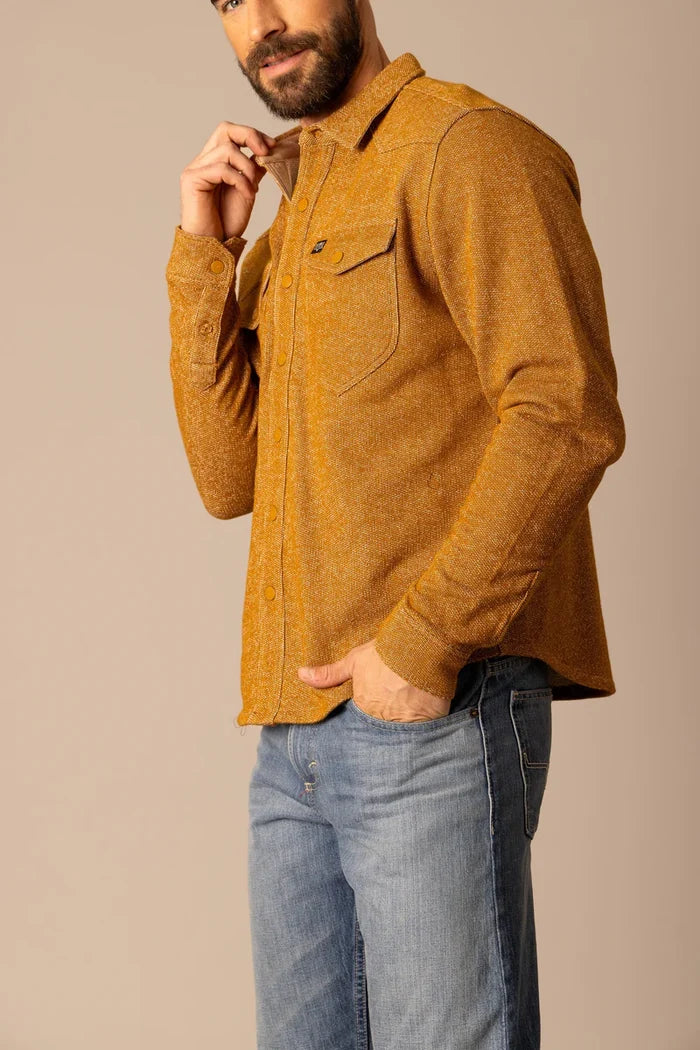 Mustard snap-front long-sleeve shirt with open collar and chest pocket