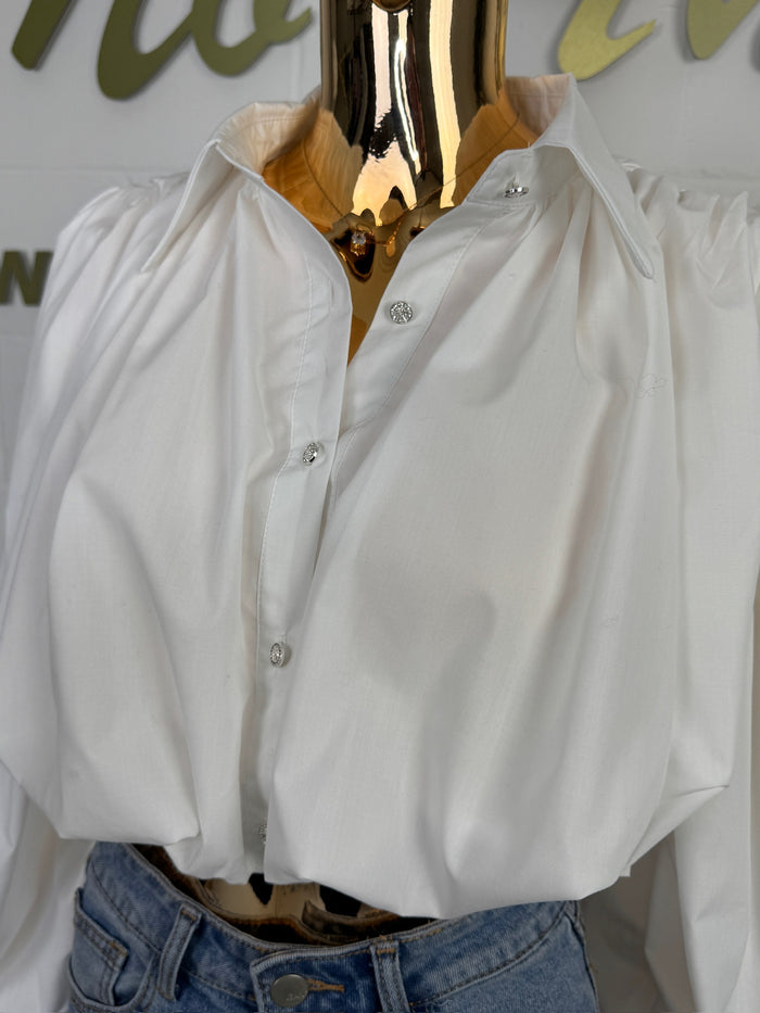 Cropped Balloon Detail Diamante Button Shirt (2 Colours)