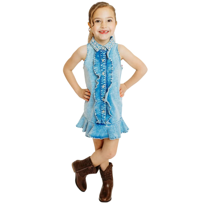 Crystal Collar Denim Ruffle Dress