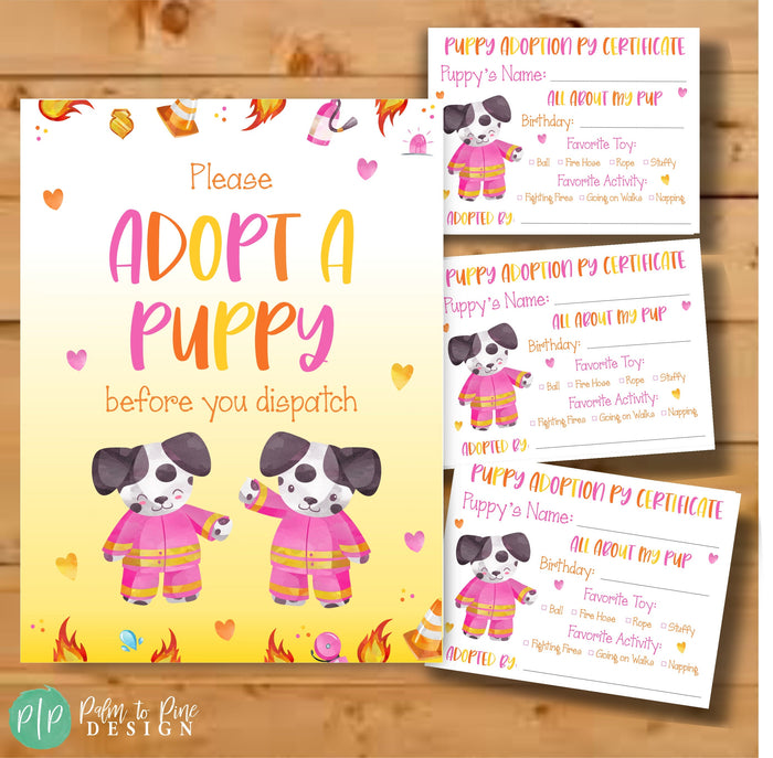 Adopt a Puppy Firefighter Sign for girls birthday party favor