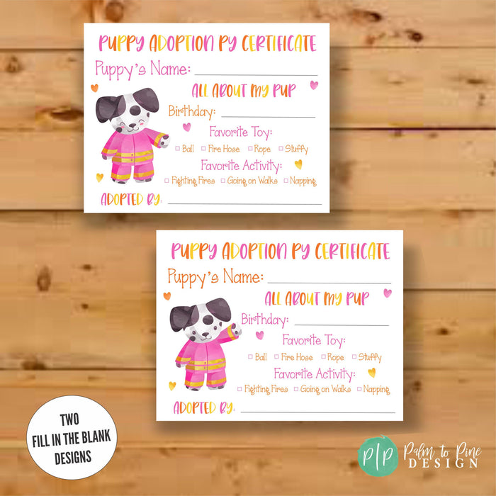 Dalmatian Firefighter Puppy Adoption Certificate