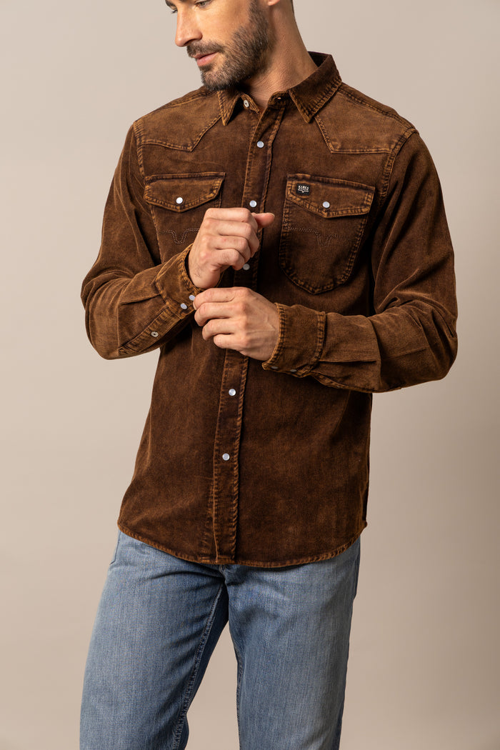 Dark brown corduroy shirt with button-front, pointed collar, two chest pockets