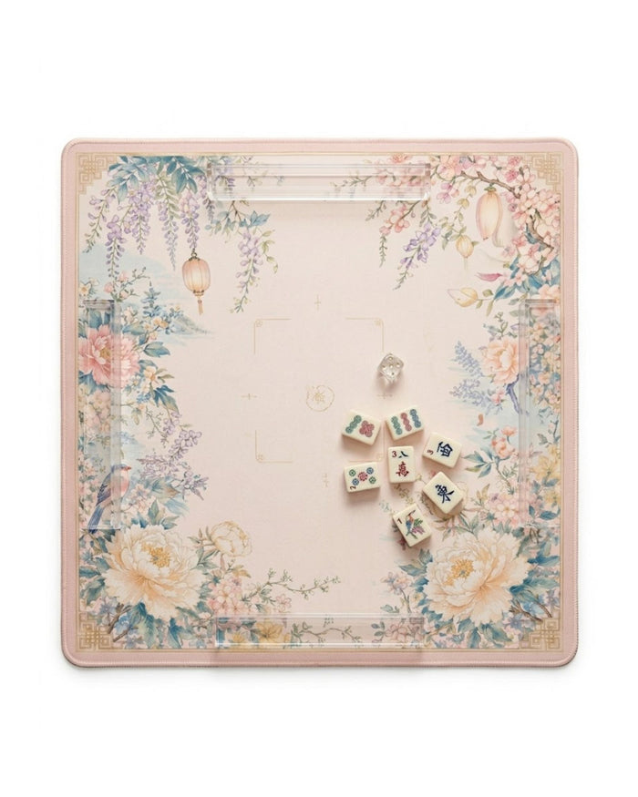 Padded mahjong table cover mat with pastel peony and wisteria floral border