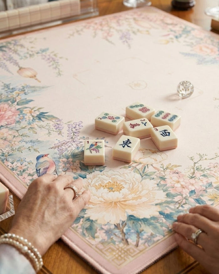 Padded mahjong table cover with pastel peony, wisteria floral and hanging lantern border