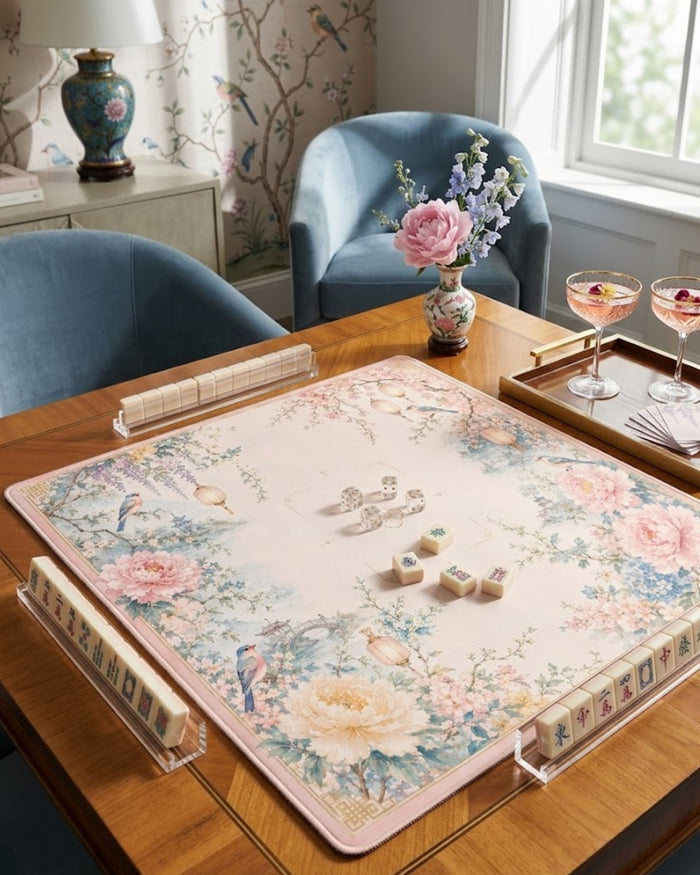 Padded mahjong table cover mat with pastel floral garden design and corner lanterns