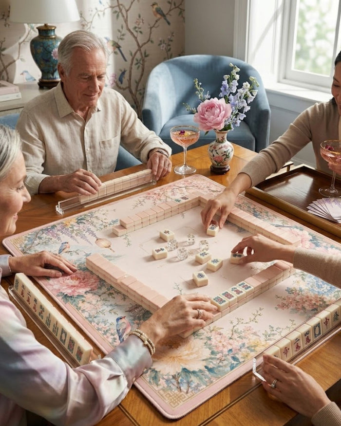 Padded floral mahjong table cover mat used for a tile game on a wooden table