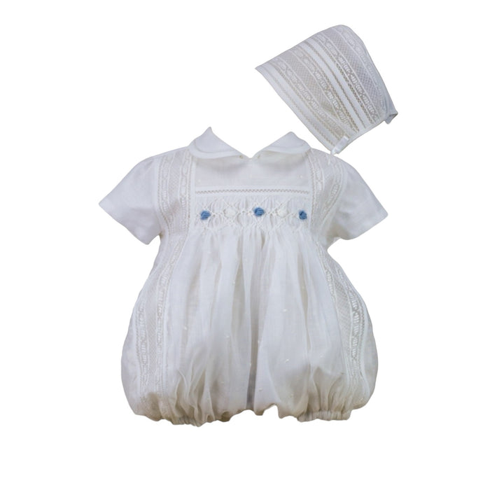 Diane Off- White/Turquoise Romper with Bonnet