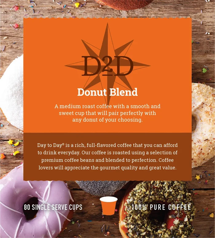 Day to Day Coffee Donut Blend Medium Roast 80 Count K-Cup Pods – smooth balanced coffee ideal for mornings