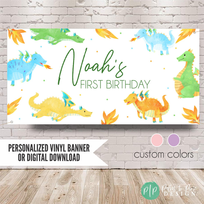 Kids dragon birthday banner with custom colors for boys or girls