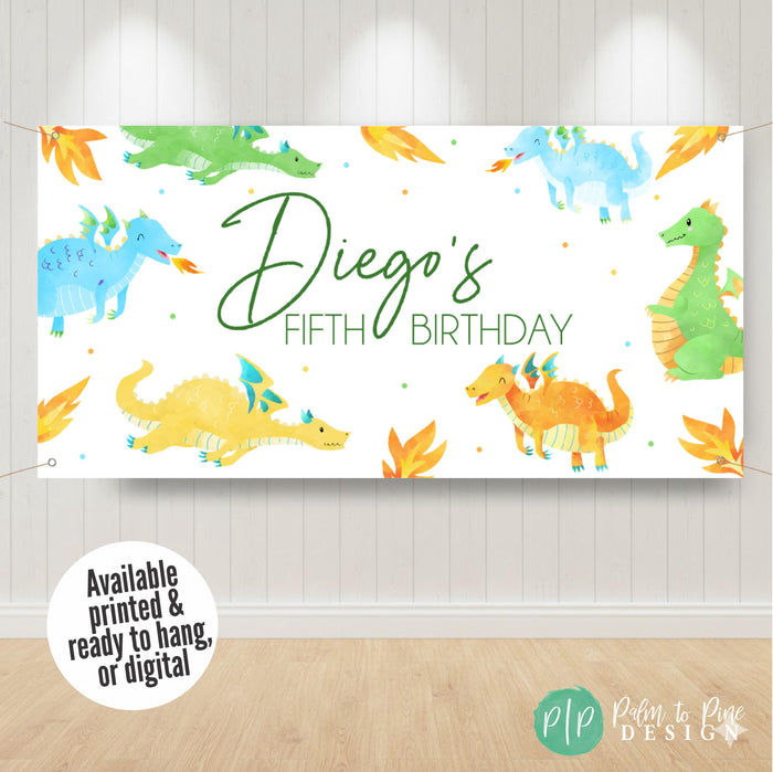 Boys dragon birthday banner, personalized with name and age in friendly watercolor design