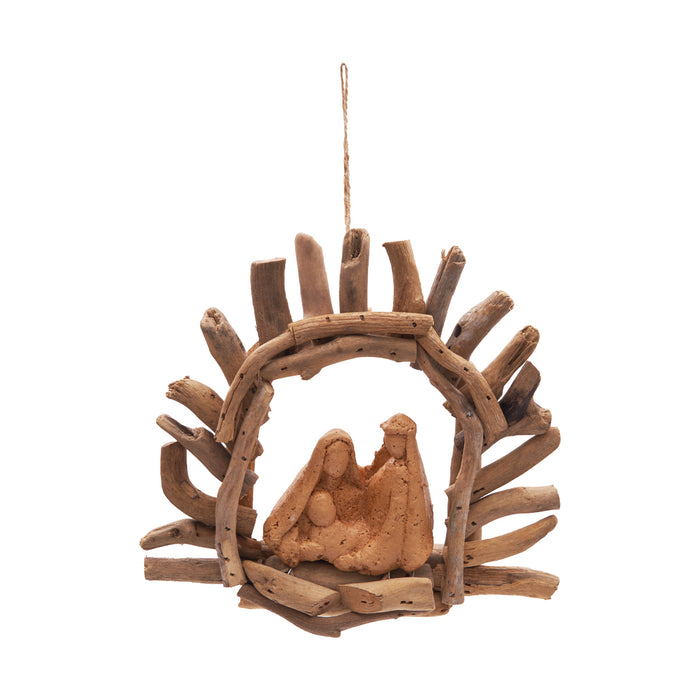 A Driftwood Manger with Arch Ornament.