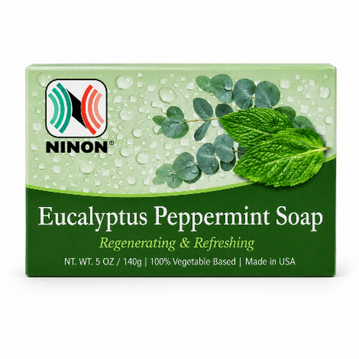 Eucalyptus Peppermint Soap 5 oz in branded packaging, refreshing cleansing bar infused with eucalyptus and peppermint to gently cleanse the skin while leaving it feeling cool, fresh, soft, and revitalized.
