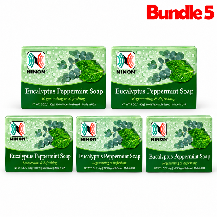 Eucalyptus Peppermint Soap 5 oz in branded packaging, refreshing cleansing bar infused with eucalyptus and peppermint to gently cleanse the skin while leaving it feeling cool, fresh, soft, and revitalized.