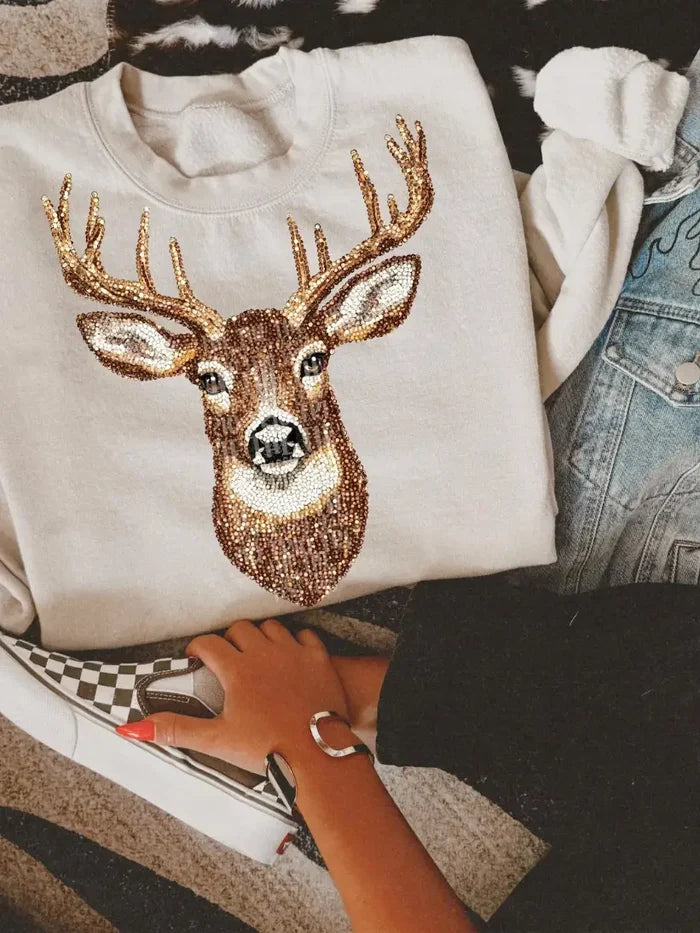 Faux Rhinestone Deer Sweatshirt