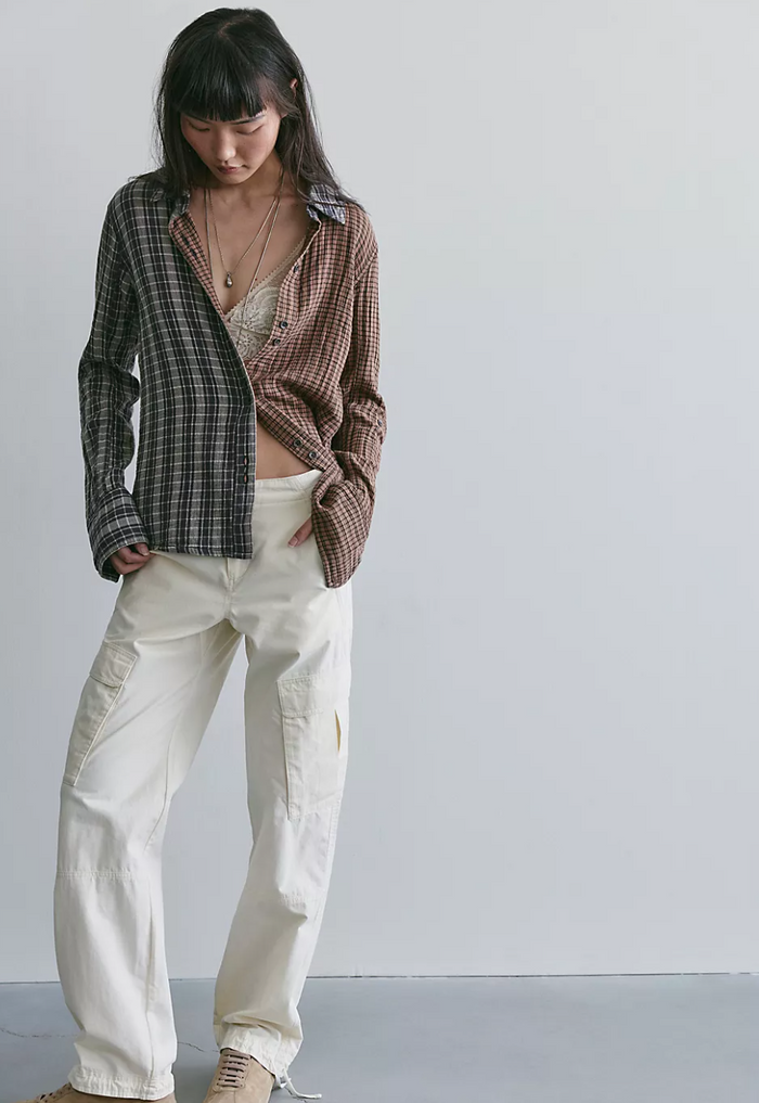 Free People Benny Slim Plaid Button Down