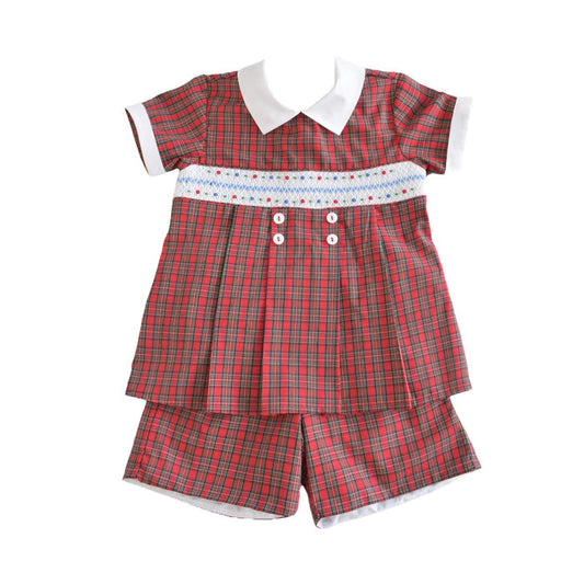 Frosted Red Tartan Handsmocked Boy 2-Pc Set