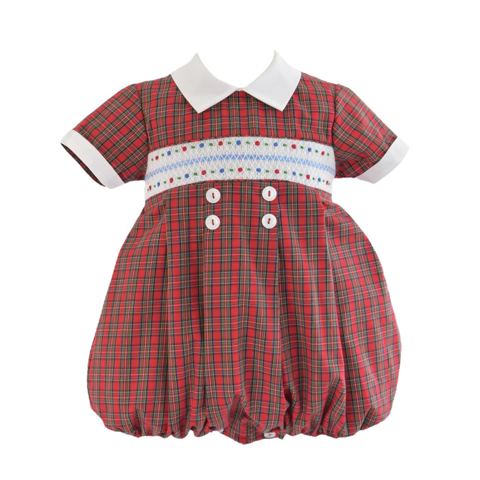 Frosted Red Tartan Handsmocked Boy Bubble