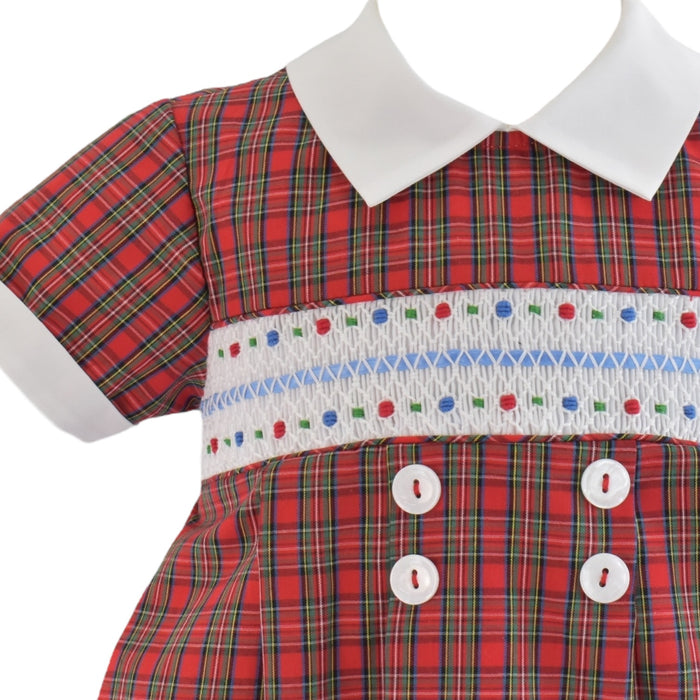 Frosted Red Tartan Handsmocked Boy Bubble