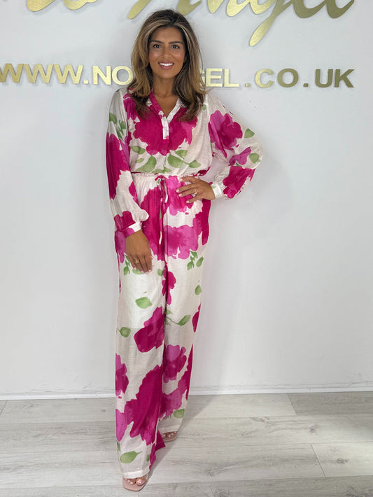 Fuchsia & Green Flower Detail Button Up Blouse & Trouser Co-ord